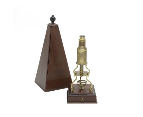 A Culpeper-type Compound Monocular Microscope, English, Early 19th century,with draw tube focusing, on square mahogany base, 