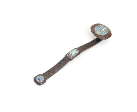 A Chinese  Cloisonne enamel mounted Zitan and Huanghuali 'ruyi' sceptreQianlong periodthe sceptre finely carved with a curved