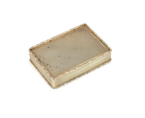 A 9 carat gold boxJames Geraghty, London 1969Rectangular from, engine-turned with raised foliate border, length 9.3cm, weight