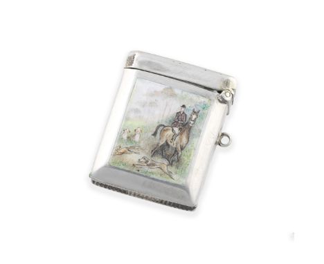 A silver and enamel 'hunting scene' vesta caseRolason Brothers, Birmingham 1918 Of rectangular form, a plain polished silver 