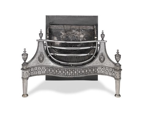 A George III polished steel and cast iron fire grate in the manner of designs by Robert Adam (1728-1792) and probably by Henr