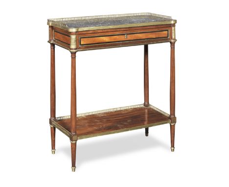 A small French 19th century brass mounted mahogany console dessertein the Louis XVI styleThe pierced galleried marble top abo