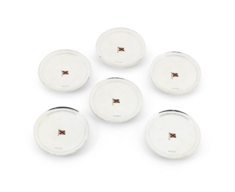 A set of six silver and enamel small dishesH S Benzie, London 1933, underside incuse stamped BENZIE COWESCircular, shallow cu