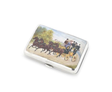 A Victorian silver and enamel cigarette caseS Mordan &amp; Co, London 1890The front enamelled with a carriage scene, length 8