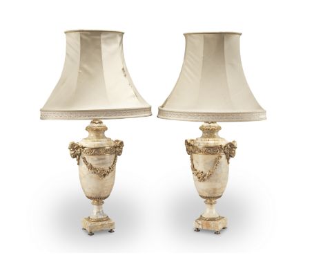 A pair of mid 20th century gilt brass mounted beige veined marble urn lamp basesin the Louis XVI stylethe 'U' shaped bodies w