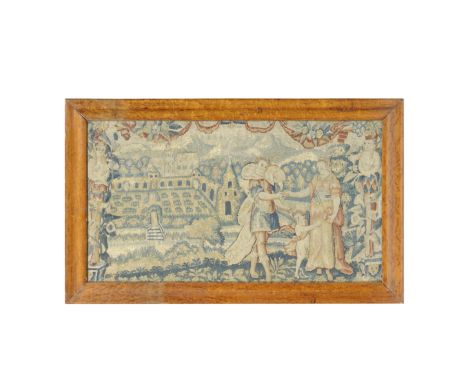 An early 18th century Flemish tapestry fragmentdepicting a courtly couple and small winged putto before an extensive formalis