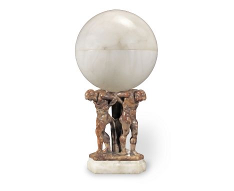 An Italian carved white and beige alabaster figural lampprobably mid 20th centurythe two part globe shade supported by three 