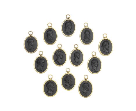 A set of twelve black basalt profile portrait medallionsin the Wedgwood style, probably late 19th / early 20th centurydepicti