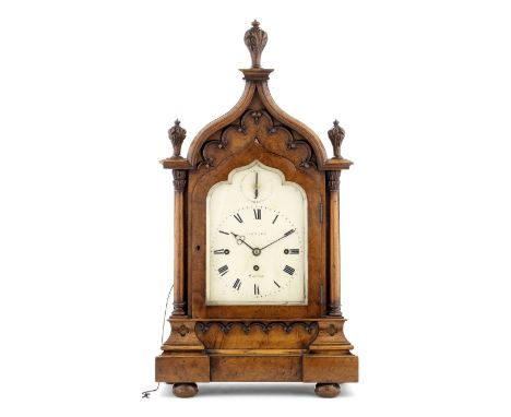 A mid 19th century oak chiming bracket clock with pull repeatthe dial signed Barnard, Londonthe ogee arched gothic case with 