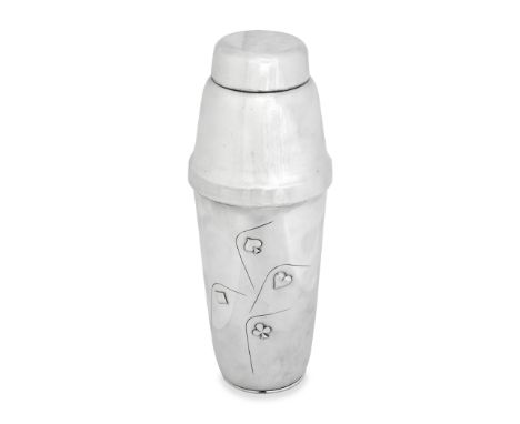 A French Art Deco silver-plated 'playing card' cocktail shakerstamped CGF, French circa 1930 Tapering cylindrical form, pull 