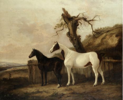 Circle of George Cole (British, 1810-1885)Portrait of chestnut and piebald horses bears inscription 'portraits of horses the 
