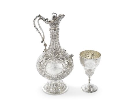 A Victorian silver 'Armada' ewer and matched gobletMartin Hall &amp; Co, Sheffield 1864, goblet Thomas Smily, London 1864The 