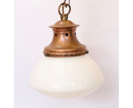 A 1930's English copper mounted opaque glass light fitting, height 28cm
***CONDITION REPORT***Good condition, recently re-wir