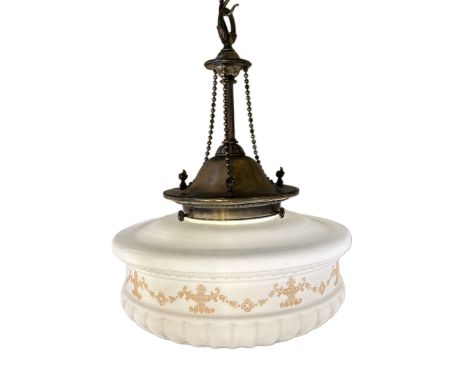 A 1930's English oxi-silvered metal and opaque white glass light fitting, diameter of glass 37cm, height to top of hook 55cm
