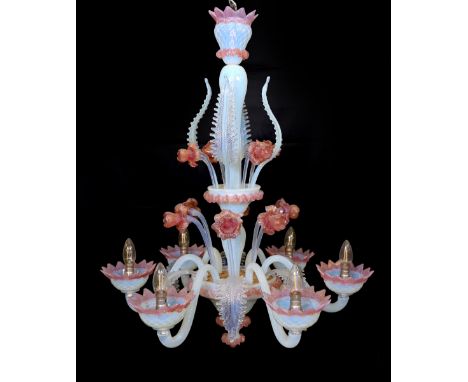 A 1950's Venetian pink and Vaseline glass six light chandelier with ornate flower and leaf motifs, width 70cm, height 90cm
**