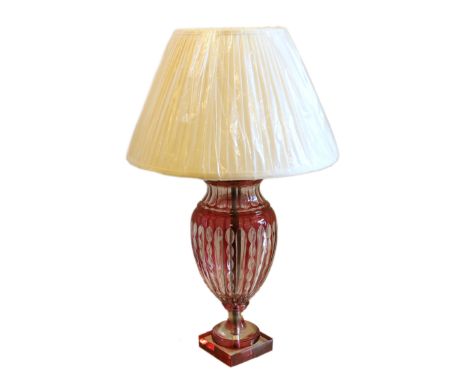 A 20th century Austrian cranberry overlaid crystal glass table lamp with brand new pleated silk shade, overall height 59cm
**