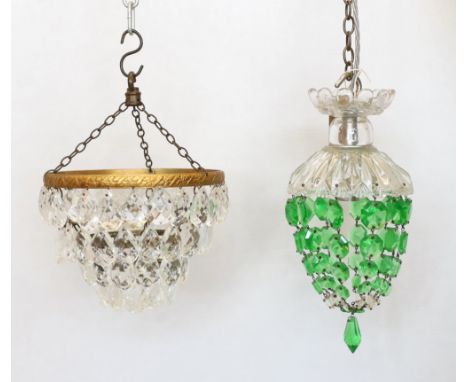 A 1920's English clear and green glass bag shaped light fitting, 27cm, and a 1950's English five tier bag light fitting, 14cm