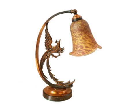 A 1930's French bronzed metal desk lamp with exotic bird stem and pate de verre glass shade, height 33cm
***CONDITION REPORT*