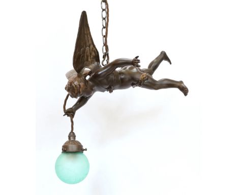 An early 20th century bronzed spelter cherub light fitting with green crackle glass globe, overall height 64cm
***CONDITION R