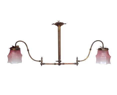 A Victorian brass gasolier light fitting with twin adjustable arms and pink tinted frosted glass shades, max width 98cm, heig