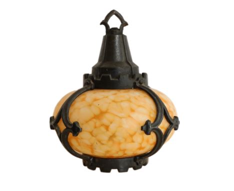 A 1930's English cast iron ceiling light with marbled glass shade, height 28cm
***CONDITION REPORT***Good condition, requires