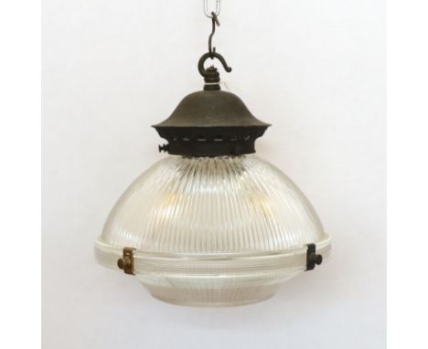 A 1930's English bronzed metal and ribbed glass light fitting, diameter 26cm, height 22cm
***CONDITION REPORT***Good restored