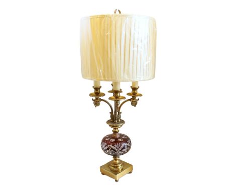 A 20th century Continental lacquered brass and Bohemian ruby overlaid glass table lamp with four lights and brand new pleated