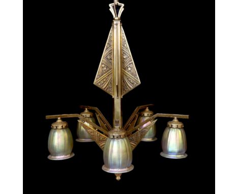 A French Art Deco Nationale de Sevres gilt bronze and lustre glass light fitting of stylish geometric design, width 68cm, hei