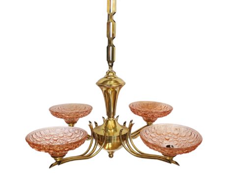A mid century German lacquered brass light fitting with peach tinted lustre glass shades, width 70cm, height 72cm
***CONDITIO