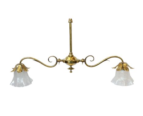 An early 20th century English brass twin branch gas light fitting, converted to electricity, now with crackle glass shades, w