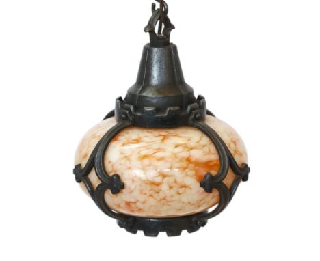 A 1930's English cast iron and marbled glass light fitting, diameter 24cm, height 28cm
***CONDITION REPORT***Good condition, 