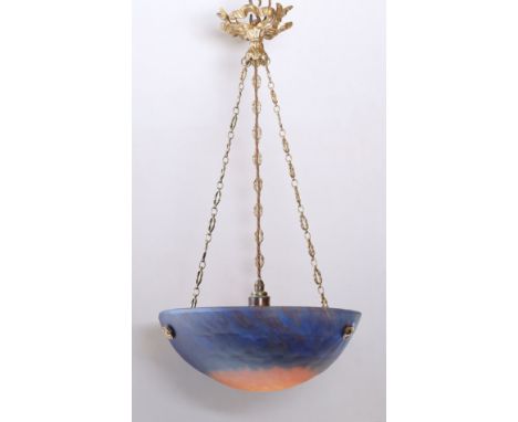 A 1920's French Muller Fréres pate de verre glass light bowl, with original chain and ceiling rose, diameter 36cm, height 66c