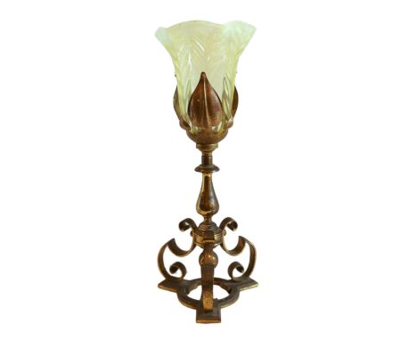 An early 20th century English Hinks brass table lamp with foliate moulded vaseline glass trumpet shade, height 38cm
***CONDIT