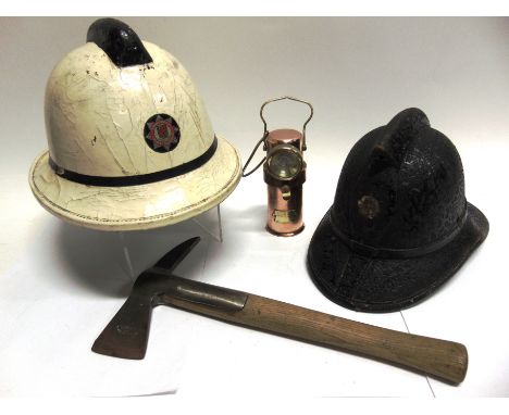 FIRE SERVICE MEMORABILIA - ASSORTED  comprising a National Fire Service leather helmet; Somerset Fire Brigade composition hel