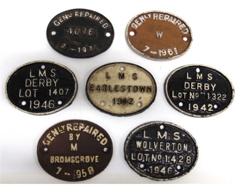 SEVEN LONDON, MIDLAND & SCOTTISH RAILWAY & BRITISH RAILWAYS CAST IRON BUILDER'S & REPAIR PLATES  including 'L M S / Earlestow