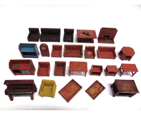 ASSORTED TINY TOY DOLL'S HOUSE FURNITURE  circa 1930s, most of painted wood, comprising a fireplace, sofa and chairs, mantel 