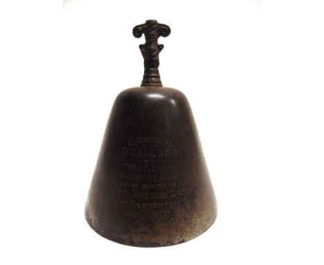 A BOER WAR STEEL SHELL CAP MODELLED AS A TABLE BELL   the front engraved 'Presented to / R. Callard / by / Pte J. Gould / A R