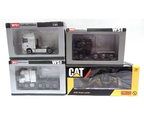 THREE 1/50 SCALE WSI MODEL TRACTOR UNITS  comprising a No.PL200-001, Volvo FH Globetrotter 8x4, black; No.WL-MB004, Mercedes-