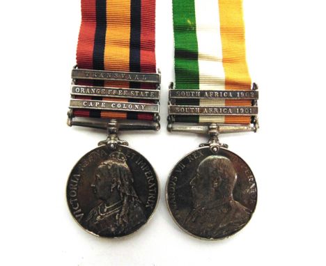 A BOER WAR PAIR OF MEDALS TO PRIVATE B. PROLL, SOMERSET LIGHT INFANTRY  comprising the Queen's South Africa Medal, third type