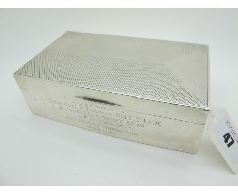A Hallmarked Silver Cigarette Box, Birmingham 1936, of rectangular form with engine turned decoration to the hinged lid (wood