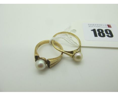 A Single Pearl Dress Ring, stamped "9ct" (finger size K); Together with Another Example, (finger size R). (2) 