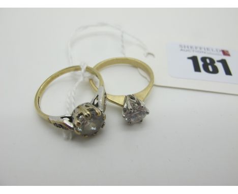 A 9ct Gold CZ Single Stone Dress Ring, (finger size R); Together with Another Single Stone Dress Ring, stamped "375". (2) 