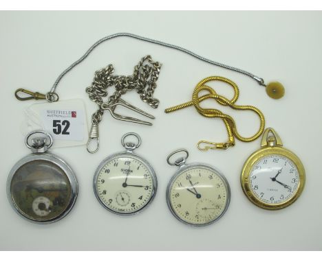A Novelty Vintage c.1950's Ingersoll Footballer Openface Pocketwatch, together with two Sekonda pocketwatches, chains, etc. 