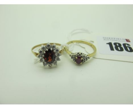 A Modern 9ct Gold Cluster dress Ring, claw set (finger size S); Together with A 9ct Gold Ruby Set Ring, claw set. (2) 