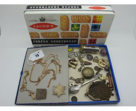 A Fine Link Muff Type Chain, suspending single swivel style clasp; a gold plated Celtic cross on fine chain, a small chain li