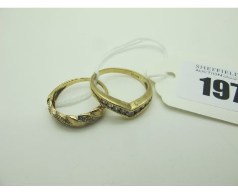 A 9ct Gold Wishbone Style Ring, channel set (finger size R); Together with Another 9ct God Ring, of textured finish. (2) 