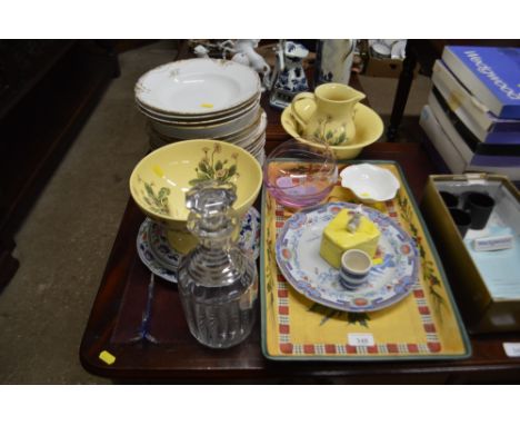 A 19th Century glass decanter; a quantity of Limoges china bowls; a small floral decorated wash jug and bowl etc. 