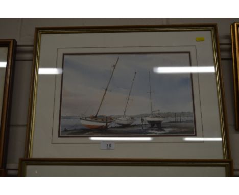 John R Pretty, watercolour study of moored boats signed to bottom left