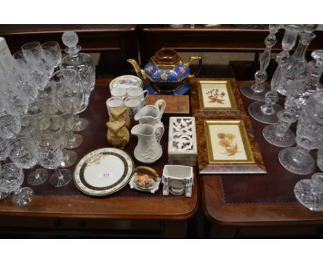 A Victorian floral decorated teapot on stand; a salt and pepperette in the form of owls; two trinket boxes etc.