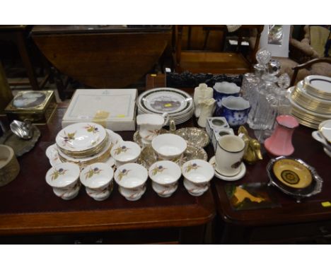 Three glass decanters; a quantity of Elizabethen Staffordshire teaware; a Royal Doulton collector's plate; a Royal Worcester 